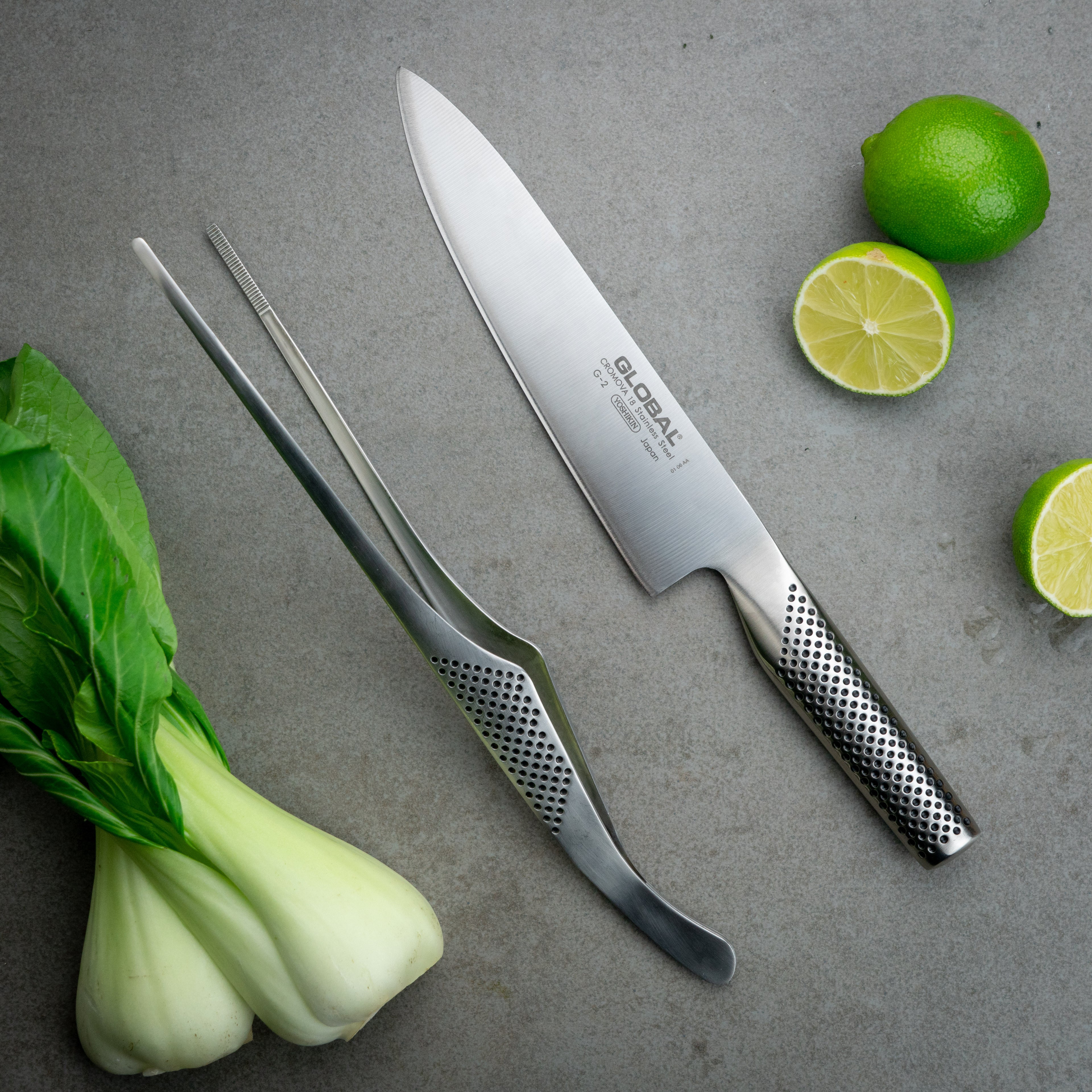 Global G-2 kokkiveitsi 20 cm ja kokkipihdit